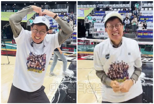 박형준 부산시장이 지난 5일 부산을 연고로하는 남자프로농구단 KCC 이지스가 우승하자 축하 세리머니 댄스를 선보였다. <박형준 SNS>